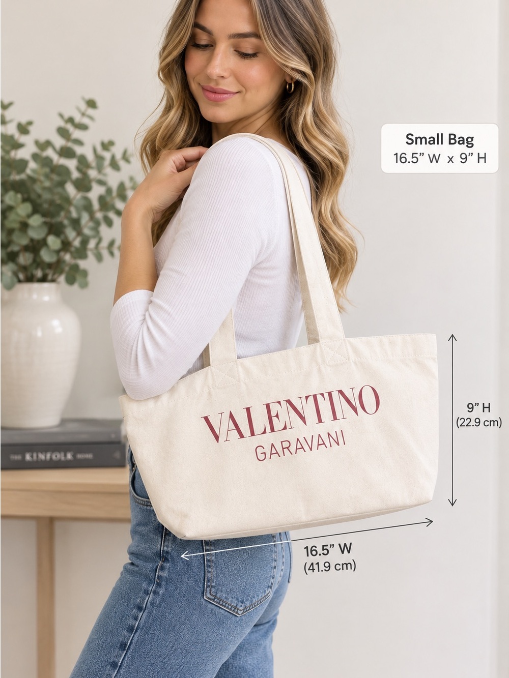 Valentino Garavani Cream Canvas Tote with Pink Logo